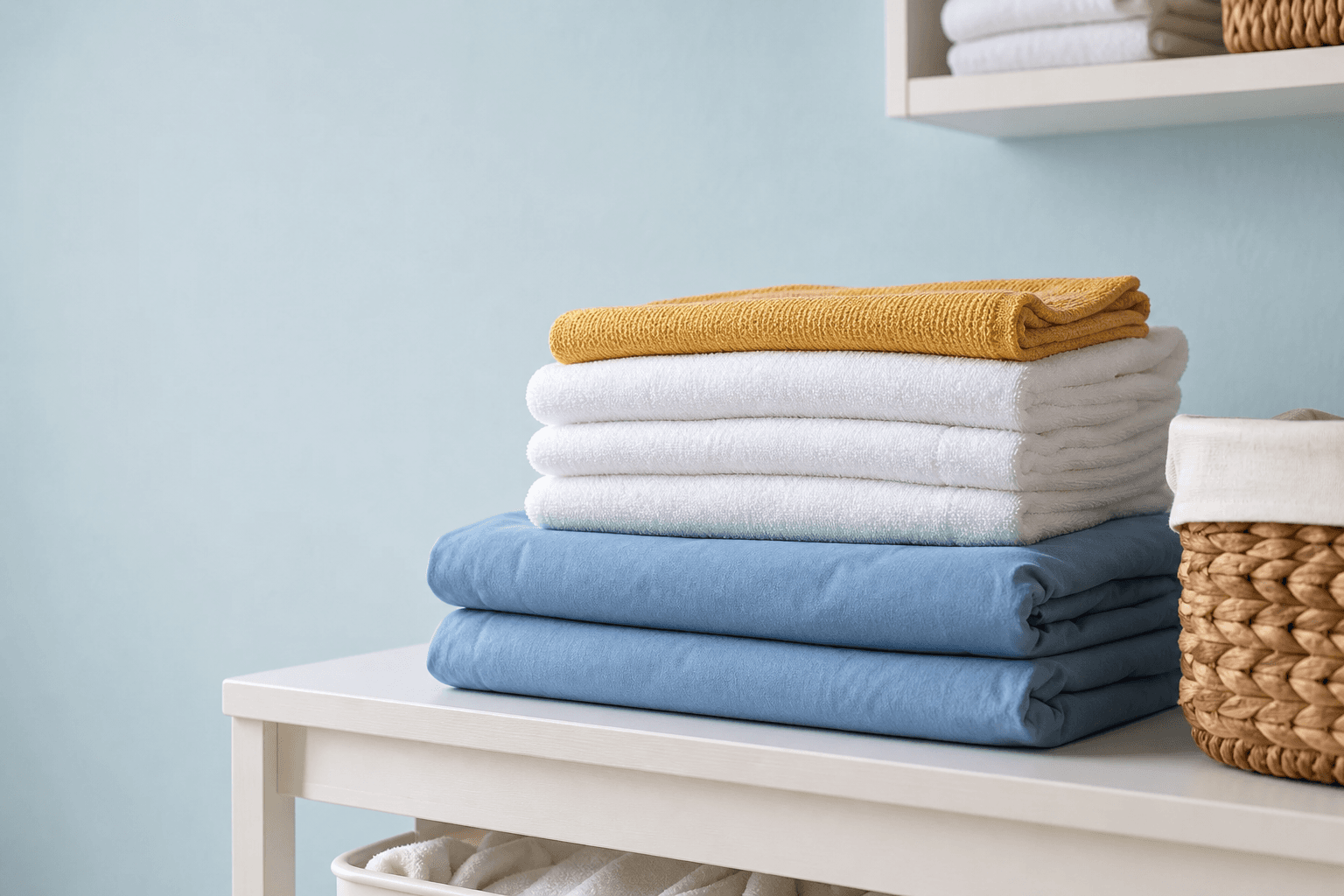 Tumpukan handuk putih, kain biru, dan aksen kuning di rak laundry
